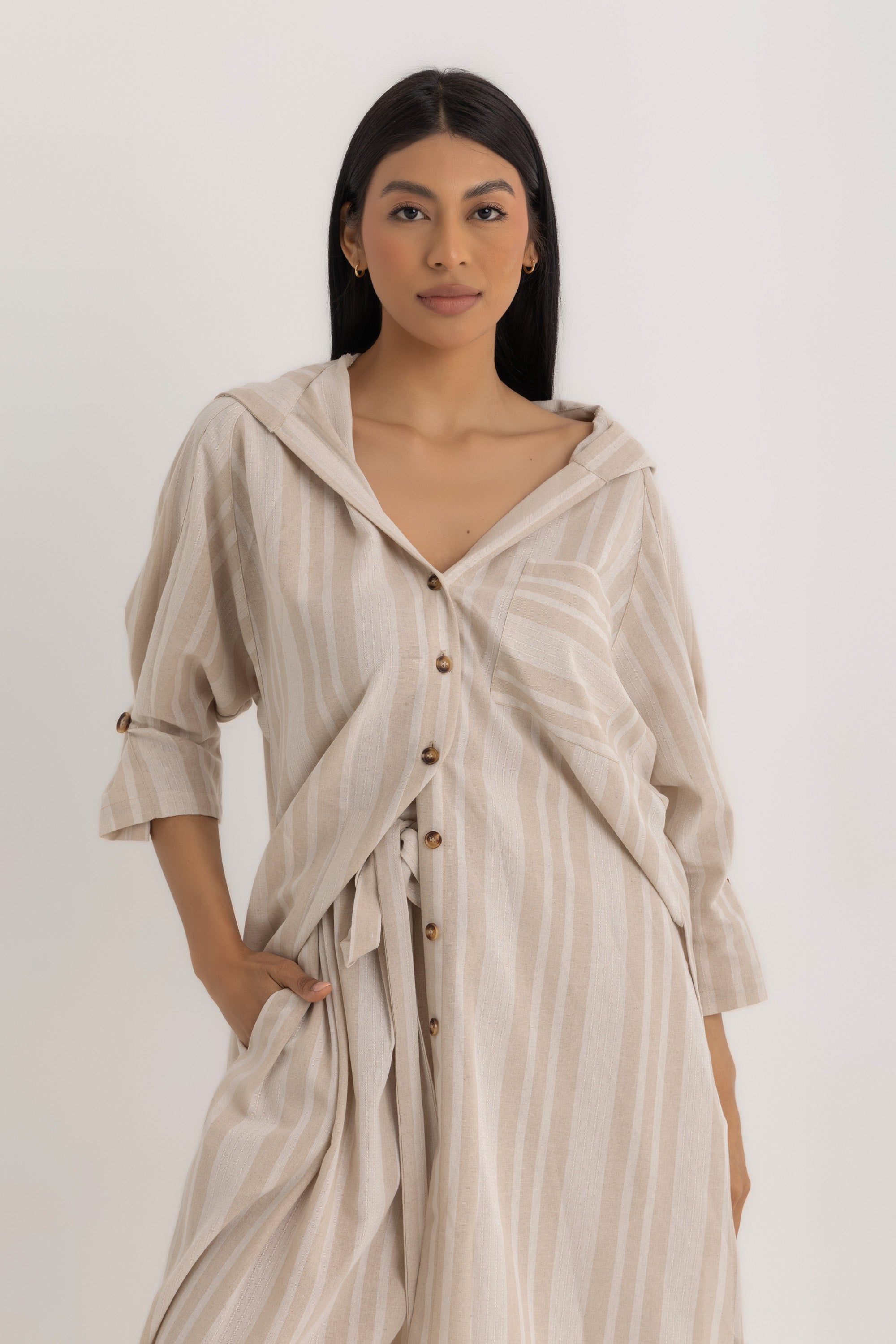 Hadia Shirt Dress - Beige Striped