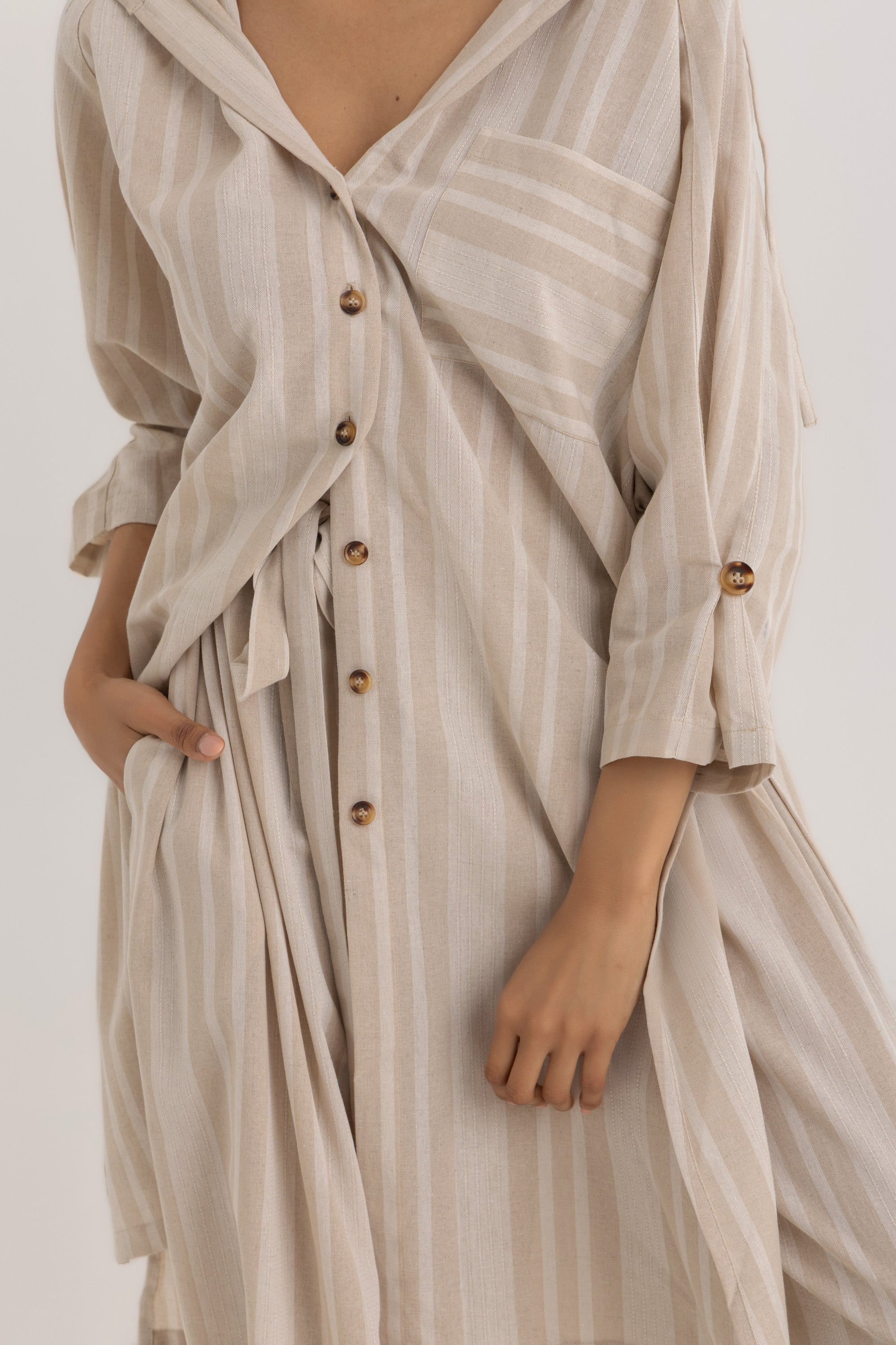 Hadia Shirt Dress - Beige Striped