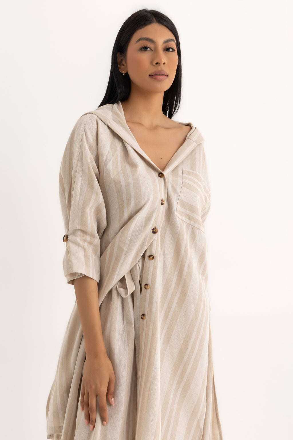Hadia Shirt Dress - Beige Striped