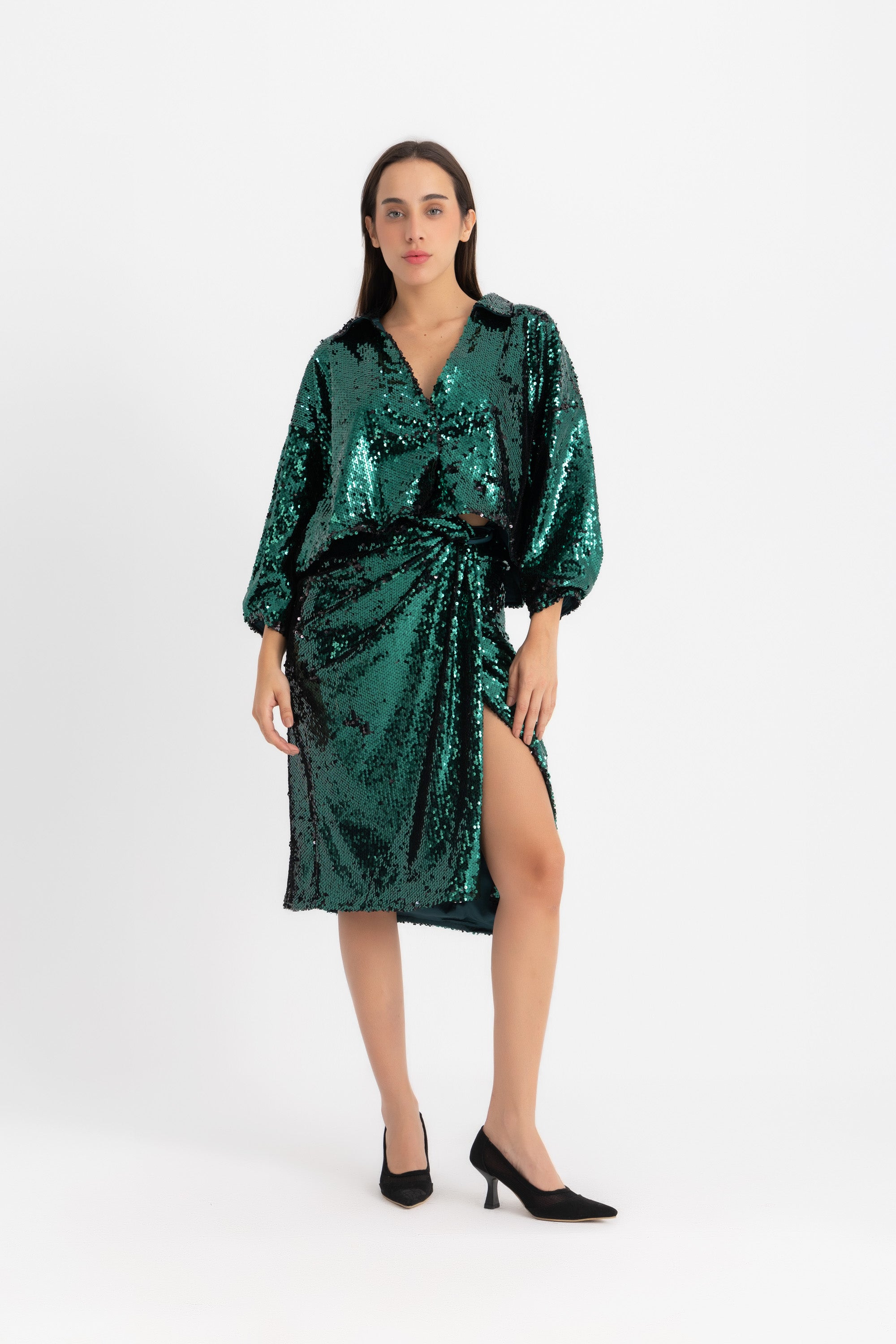 Pola  Cropped Shirt - Green Sequin