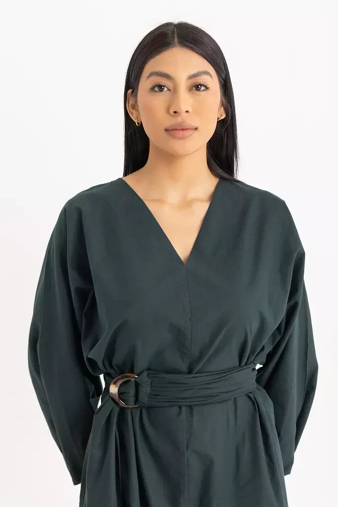 Aline V-neck Dress - Forest Green Oxford
